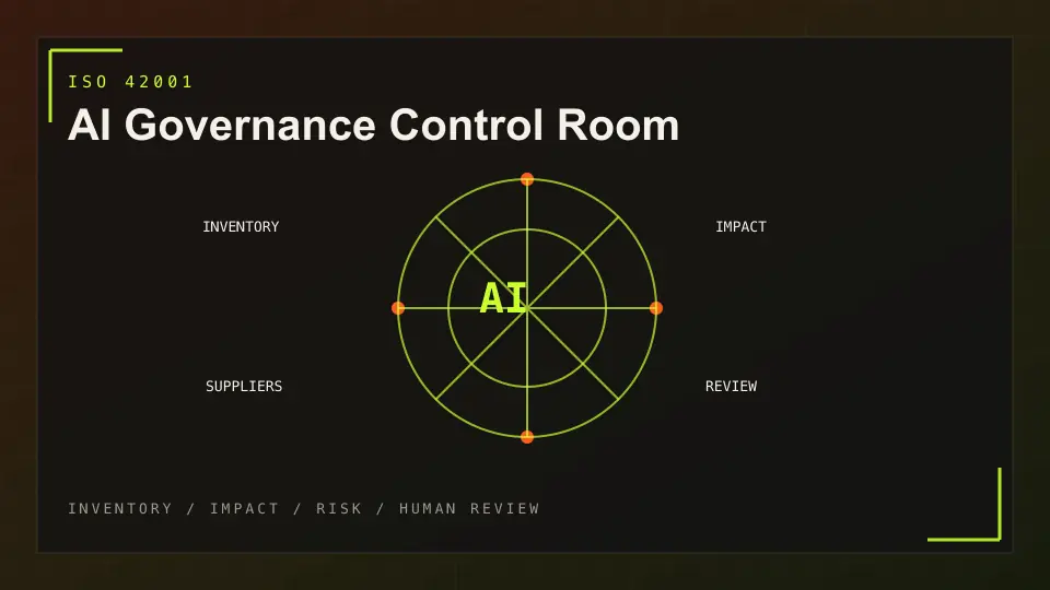 AI governance control room showing inventory, impact, supplier review and human review checkpoints.